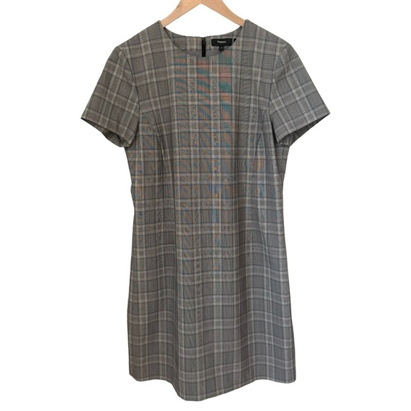 THEORY Jatinn Shift Dress Wool Blend Short Sleeve Plaid Size 10 - Picture 4 of 16